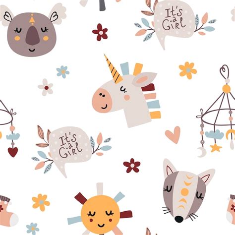 Premium Vector Bohemian Seamless Pattern With Cute Baby Elements