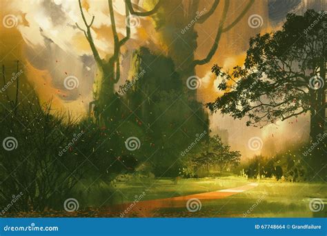 Landscape Paintingmountaingiant Trees Royalty Free Illustration