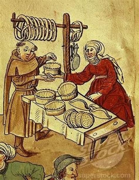 A Medieval Baker With Her Wares Pies Pasties Pretzels And A