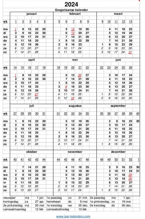2024 Kalender Jaarkalender Met Weeknummers En Maanden Feestdagen