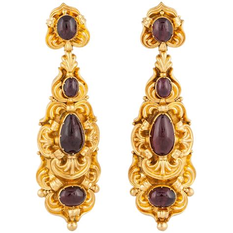 Vintage K Gold And Cabochon Garnet Earrings Omega Backs Mid Th