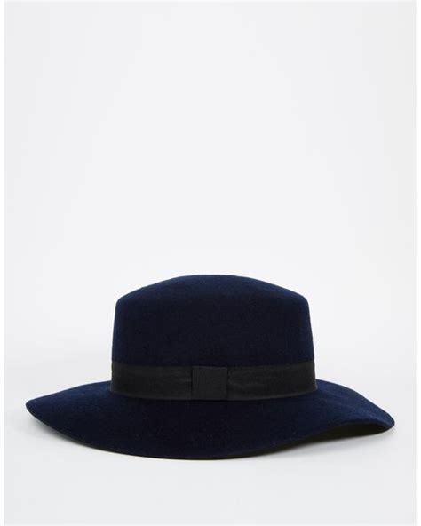 Asos Flat Top Hat In Navy Felt With Wide Brim In Blue For
