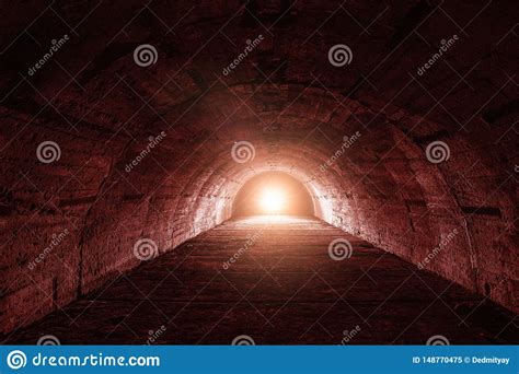 Underground Tunnel Or Corridor With Red Light In End Thriller Or