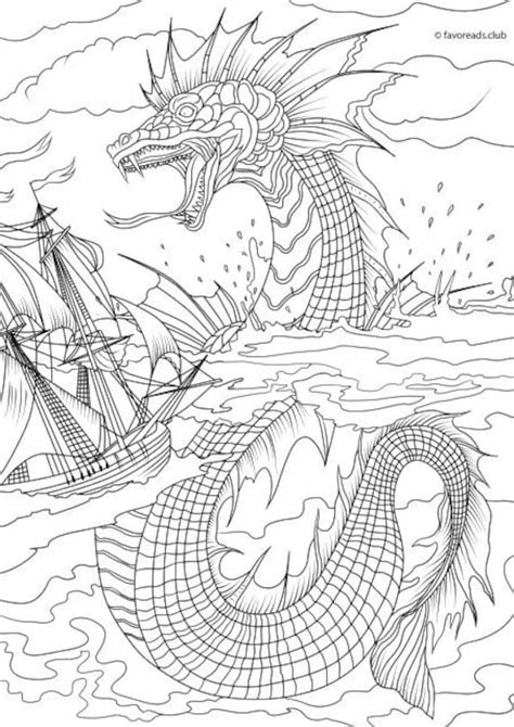 Sea Monster Printable Adult Coloring Page From Favoreads Etsy Israel