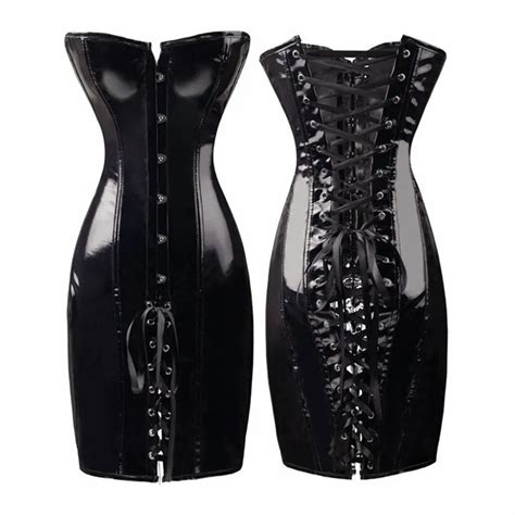 Nefutry Sexy Faux Leather Corset Dress Black Waist Trainer Bustier Push Up Gothic Steampunk