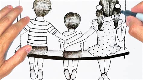 How To Draw Children Day With Pencil Drawing Brother Sister Gathered