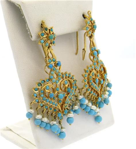 22k Gold Turquoise Pearl Chandelier Earrings