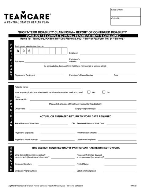 Teamcare Short Term Disability Form Fill Out And Sign Online Dochub