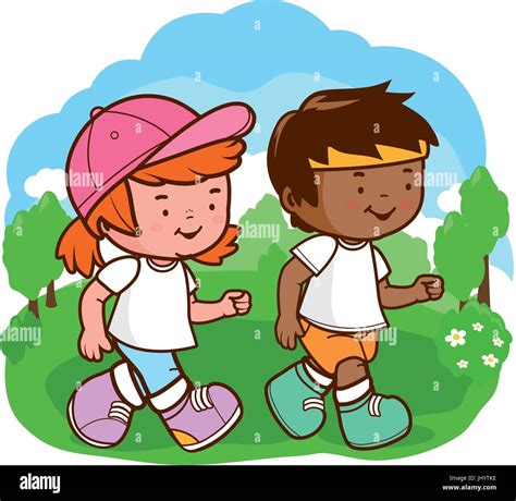 Children A Boy And A Girl Running At The Park Vector Illustration