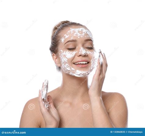 Young Woman Washing Face With Soap Stock Image Image Of Apply Adult