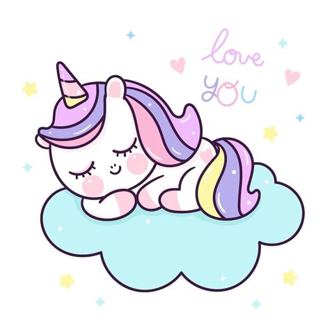 Dibujos Animados Lindo Sueño Unicornio En Nube Dulce Sueño Kawaii