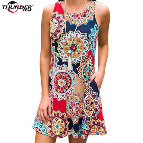 Buy Women Summer Boho Dress 2018 New Unique Print Sleeveless Sundress Women