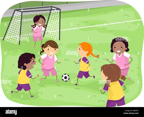 Illustration Featuring A Group Of Girls Playing Soccer In A Field Stock