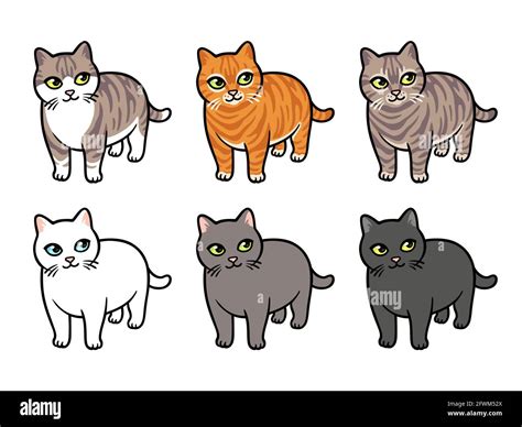 Cartoon Cat Drawing Set Different Colors And Breeds Isolated Vector