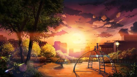 Original Anime Landscape Sunset Sky Cloud Beautiful Tree Park Children