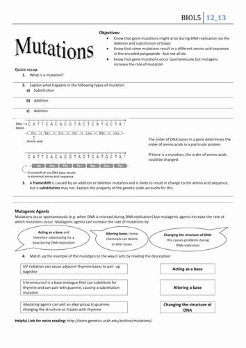 Deoxyribonucleic acid is a molecule composed of two polynucleotide chains that coil around each other to form a double helix carrying genetic instructions for the development, functioning. 50 Genetic Mutation Worksheet Answer Key | Chessmuseum ...