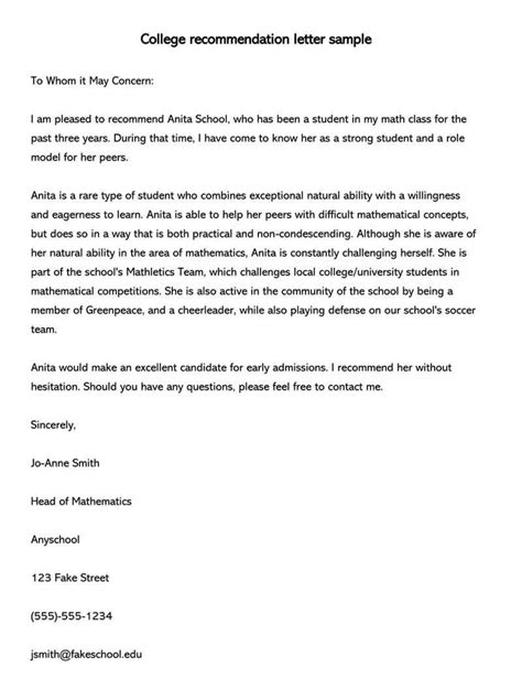 Sample College Recommendation Letter Collection Letter Template
