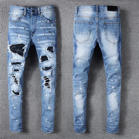 Luxury Mens Destroyed Jeans Rhinestone Crystal Patchwork Light Blue