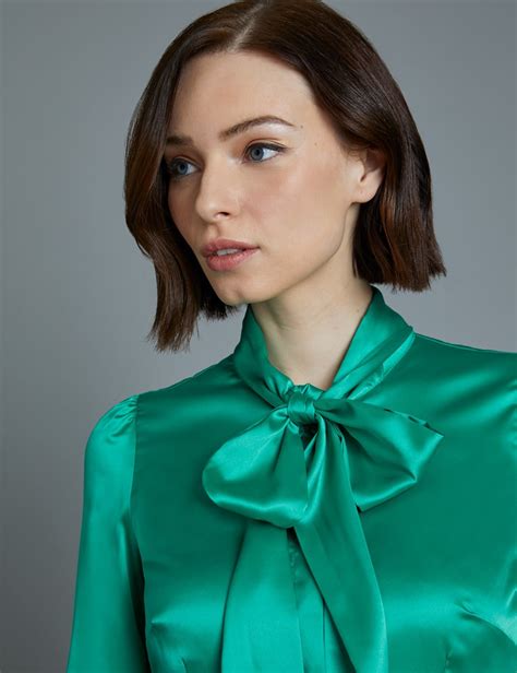 women s green satin fitted shirt single cuff pussy bow hawes and curtis