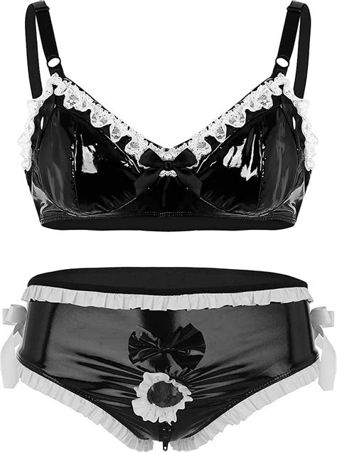 Inlzdz Mens Leather Sissy Lingerie Set Lace Trim Bra Top With Open Penis Hole Cheeky Panties