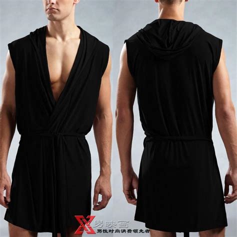 Designer Sexy Men Sleeveless Hooded Silk Robe Gown Male Bathrobe Cheap