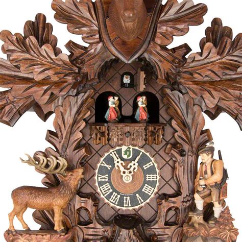 Carved 8 Day Hunting Style Musical Cuckoo Clock With Stag Head Hunter