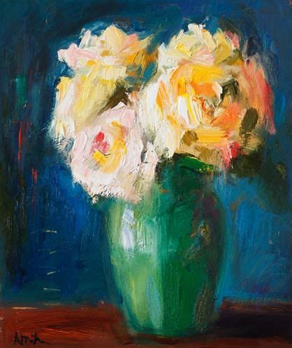 Daily Paintworks Bouquet Of Peach Roses On Deep Blue Original