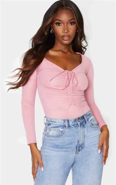 Rose Long Sleeve Ruched Front Bodysuit Tops Prettylittlething