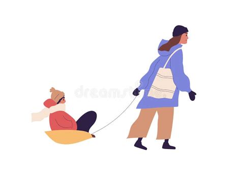 Scene With Mother Pulling Sled With Kid On Winter Holidays Side View
