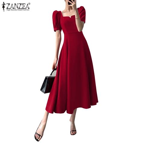Zanzea Women Korean Fashion Short Sleeve Collar Flare Swing Slim Fit Holiday Midi Dress Shopee