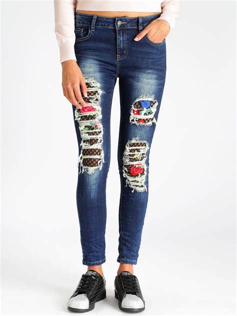 Ripped Jeans With Embroidery Patches Fiorate Fishnet In Jeans From