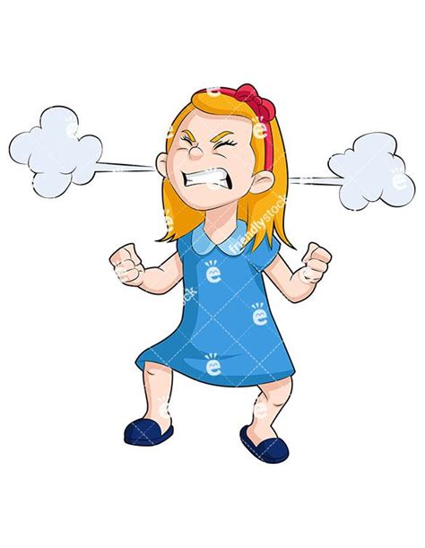 Angry Little Girl With Steam Clouds Cartoon Vector Clipart