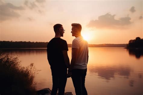 Premium Ai Image Standing Gay Men Couple Close To Each Other In Front Of A Lake