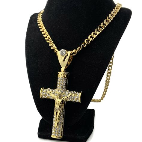 Mens K Gold Plated Huge Crucifix Cross Pendant Cuban Necklace Jesus