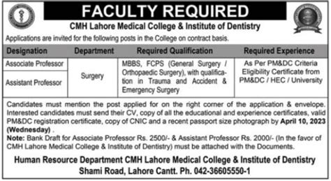 Faculty Positions At Cmh Lahore Medical College Job Advertisement