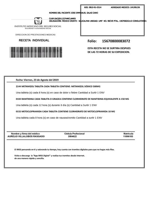 Receta Imss Editable 1 Compress Fecha Viernes 23 De Agosto Del 2019