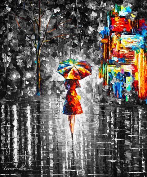 Rain Princess With Umbrella Bandw — Palette Knife Oil Painting On Canvas By Leonid Afremov In 2022