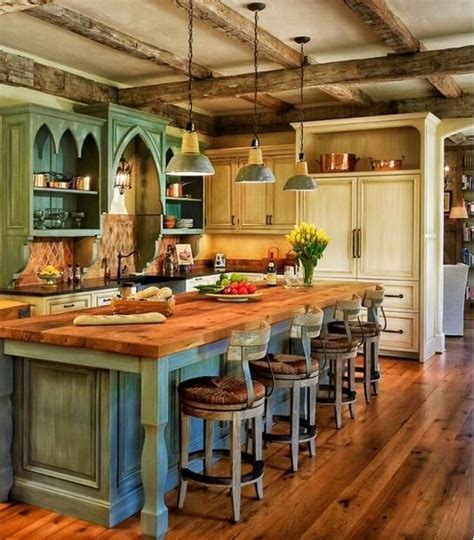 Twice i went to the green kitchen and because my wife had experienced getting an infection in her mouth we always requested disposable cups and flatware as these items are handled more than. Country Style Kitchen with Rustic Teal Island | Kitchen ...