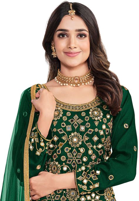 Embroidered Art Silk Punjabi Suit In Dark Green Kch10357