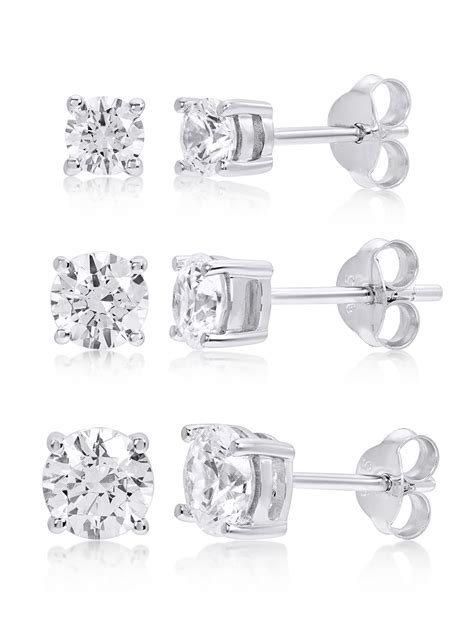 Sterling Silver Round Cubic Zirconia Stud Earrings Set Of 3