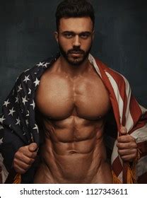 Handsome Naked Bodybuilder American Flag Shutterstock