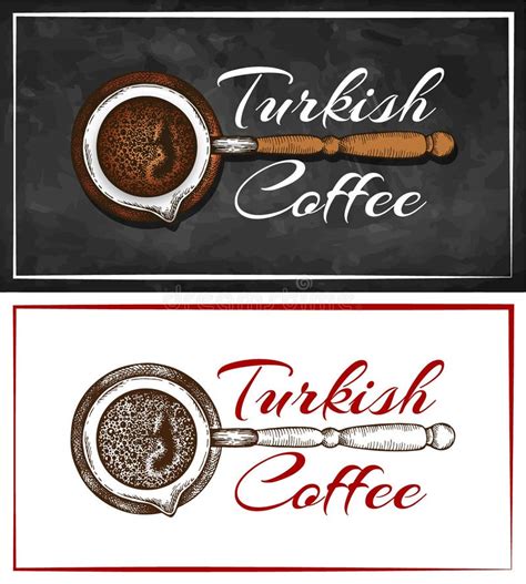 Sketch Drawing Colorful Logo Of Turkish Coffee Isolated On Chalkboard