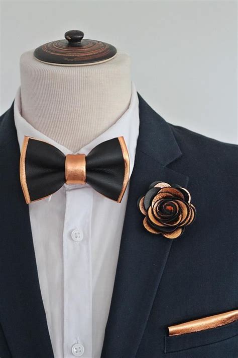 Black and rose gold suit. Rose Gold and black leather bow tie pocket square set for men,boys rose gold wedding,copper ...