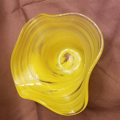Hand Blown Glass Bowl Candy Dish Fluted Yellow Swirl Etsy