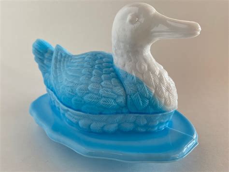 Smaller Vintage Glass Duck On Nest Lidded Dish Light Blue And Etsy