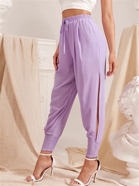 Tie Waist Split Side Shirred Hem Pants Shein In 2020 How To Hem