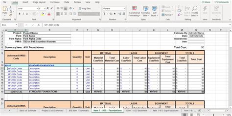 Construction Material Takeoff Excel Template