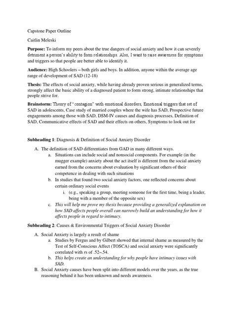 Capstone Paper Outline Social Anxiety Anxiety Disorder