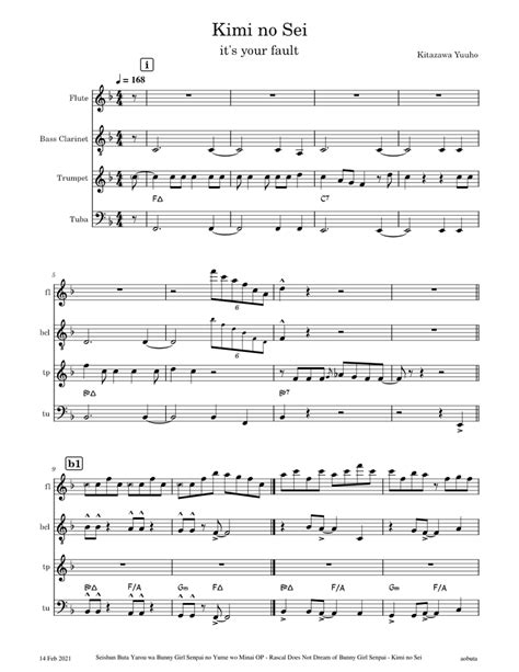 Kimi No Sei By The Peggies Sheet Music For Flute Tuba Clarinet Bass