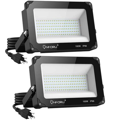 Onforu 2 Pack 100w Led Flood Light With Plug 10000lm 5000k Daylight